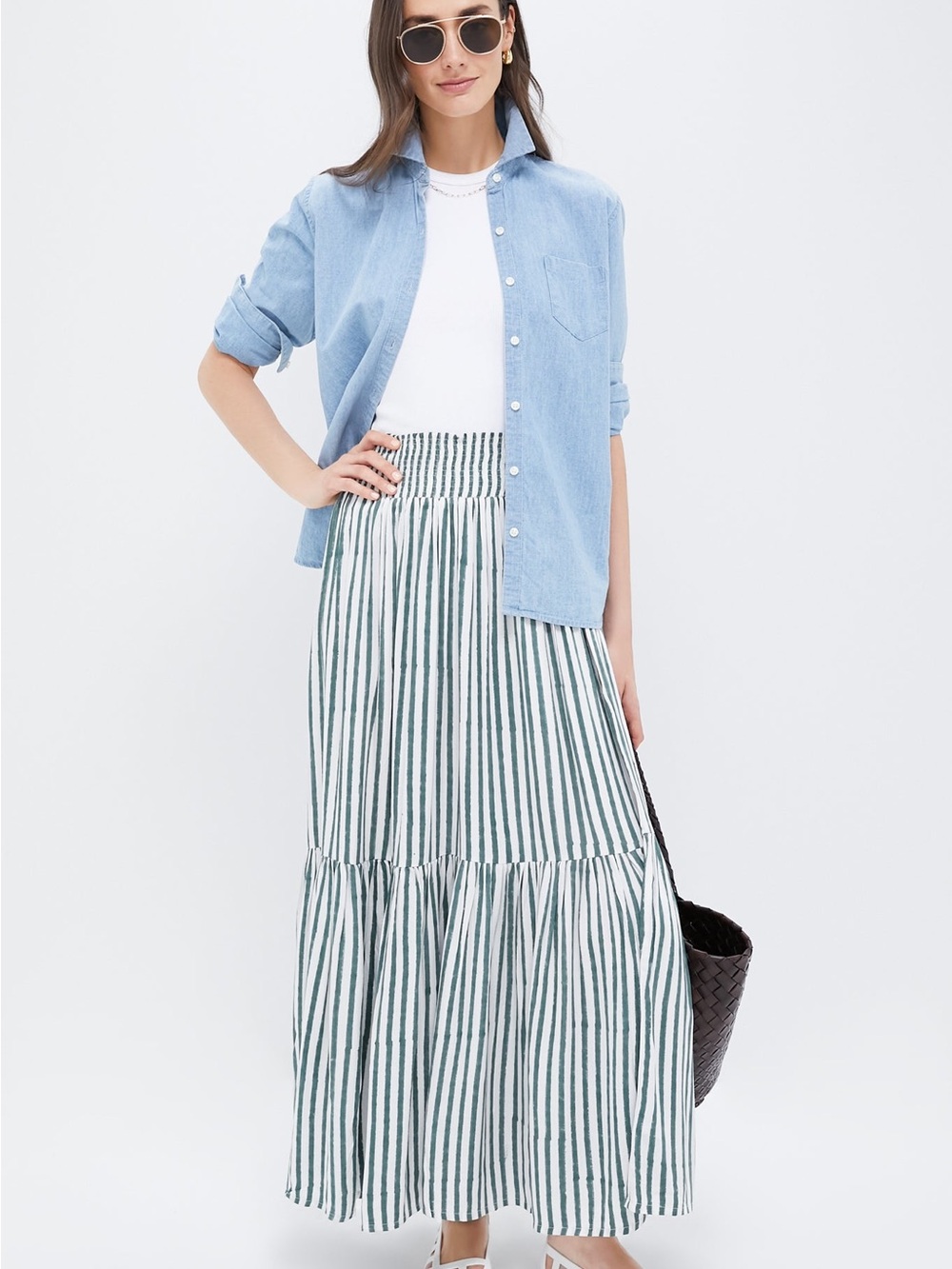 Tuckernuck Love Tomas by Emerson Fry Green and White Striped Tiered Maxi Skirt